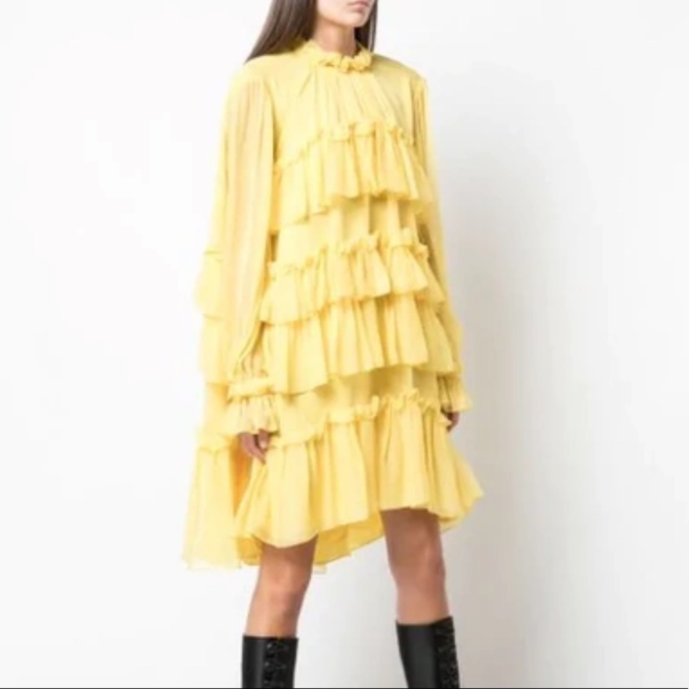 Adam Lippes Yellow Tiered Ruffle Silk-Chiffon Mini Dress